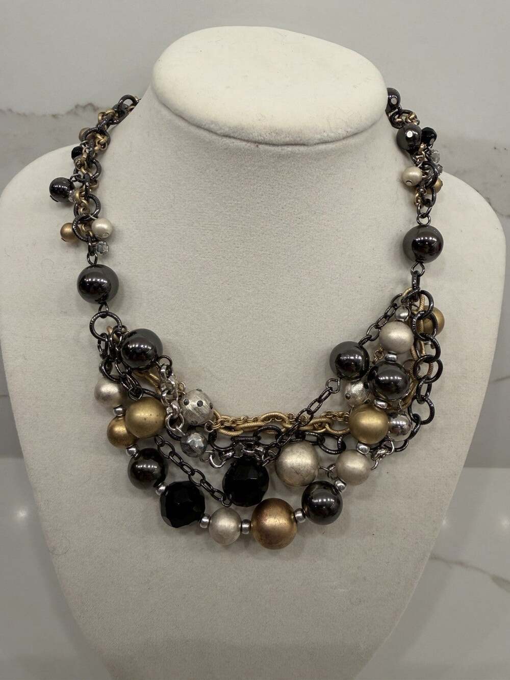 Chico's Statement Necklace Multi Strand Chunky Beaded Gold Silver Black Gunmetal